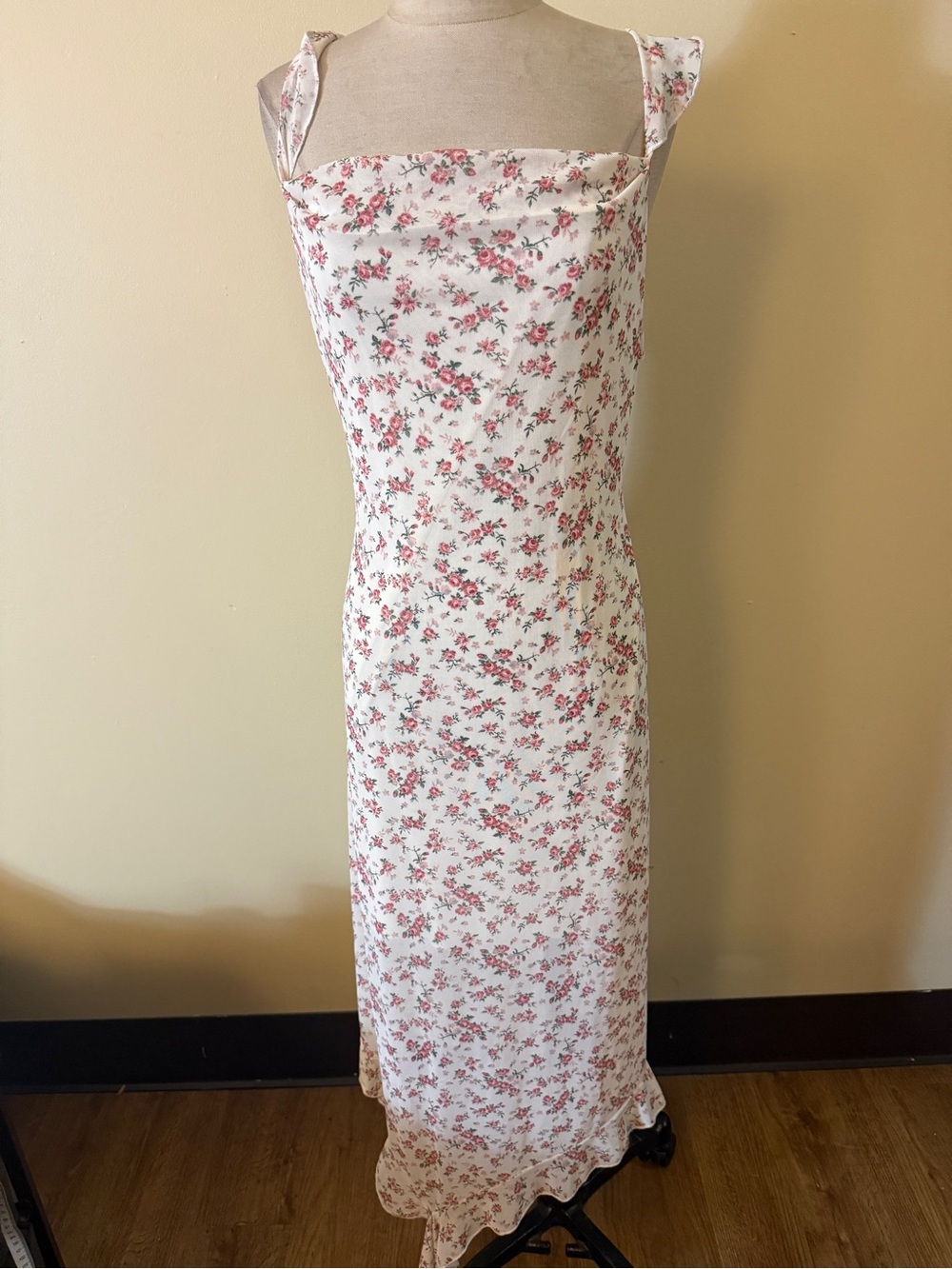 White Maxi Slip Dress with Pink Floral Print